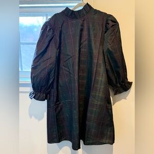 J.Marie Katrina plaid back bow tie ruffle mock neck shift dress size medium